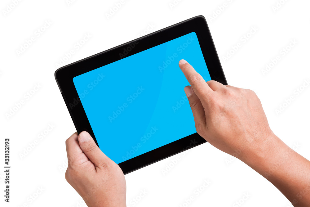 Isolated a male hand holding a touchpad pc Isolated a male hand holding a touchpad pc