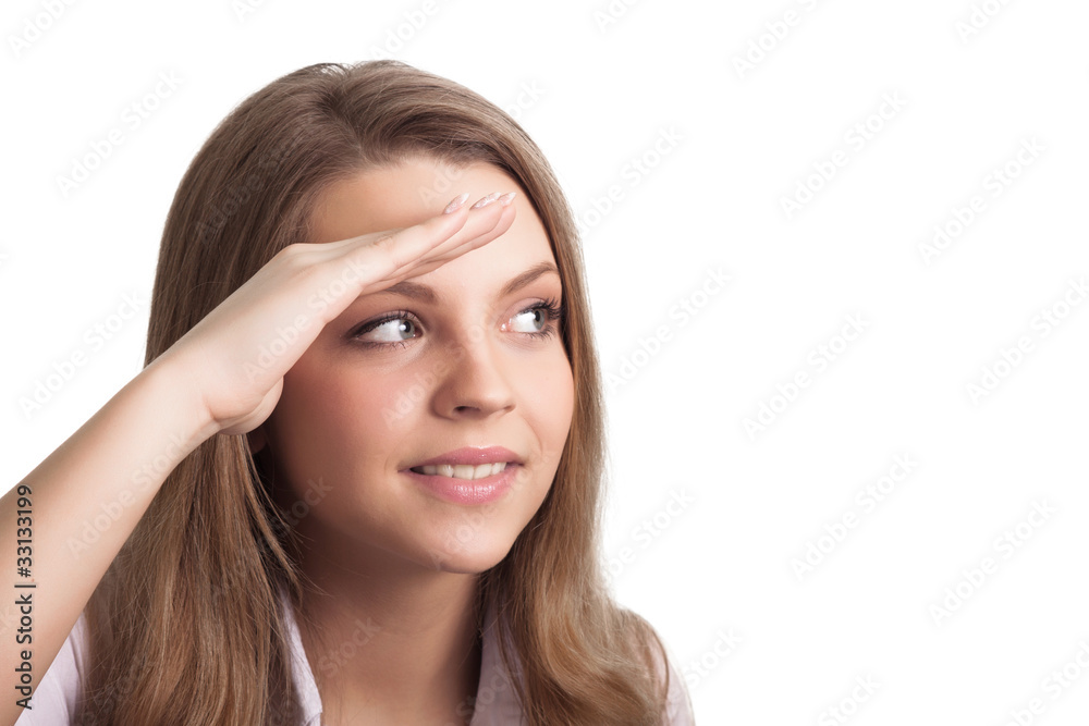 Portrait of a smiling thinking woman looking on copyspace