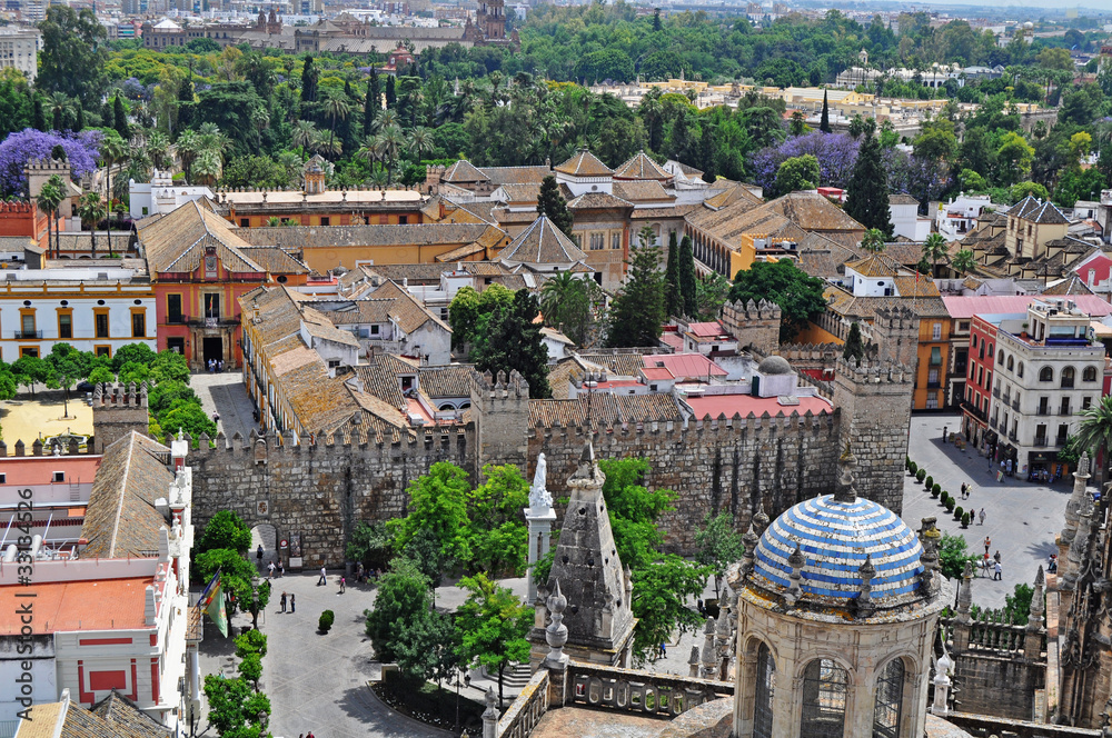 Panorama of the beautiful old centre of Seville Andalucia Spain showing several famous sites taken from the bell tower of it’s amazing cathedral 