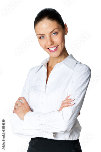 Portrait of happy smiling business woman, isolated on white