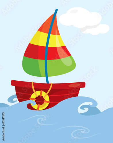 Fototapeta Naklejka Na Ścianę i Meble -  Cartoon fishing boat on open sea vector illustration
