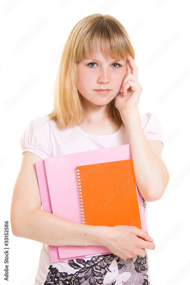 Teenager with books on white background.