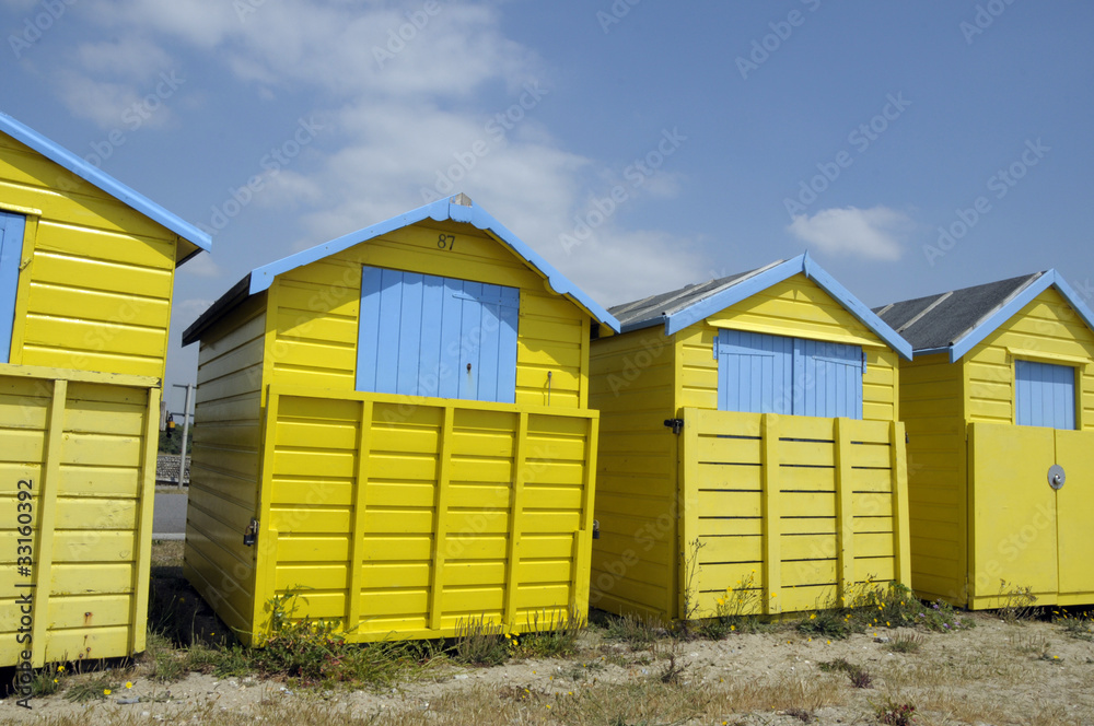 Beach huts by the sea at Littlehampton in Sussex