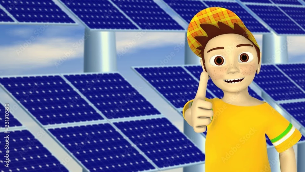 Junge hält Daumen vor Solarzellen nach oben