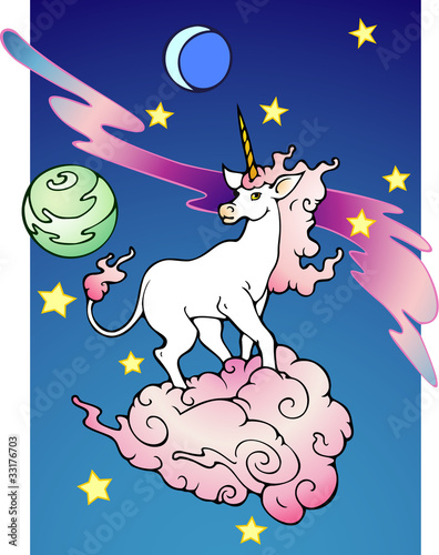 Space unicorn, on a rosy glowing cloud