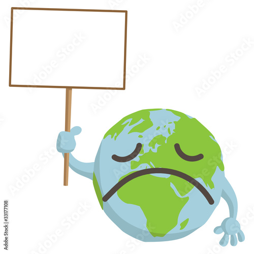 Sad globe holding a blank sign