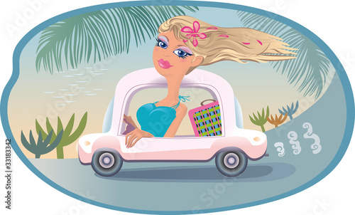 Delicate blonde traveling in his car. Summer by the sea.