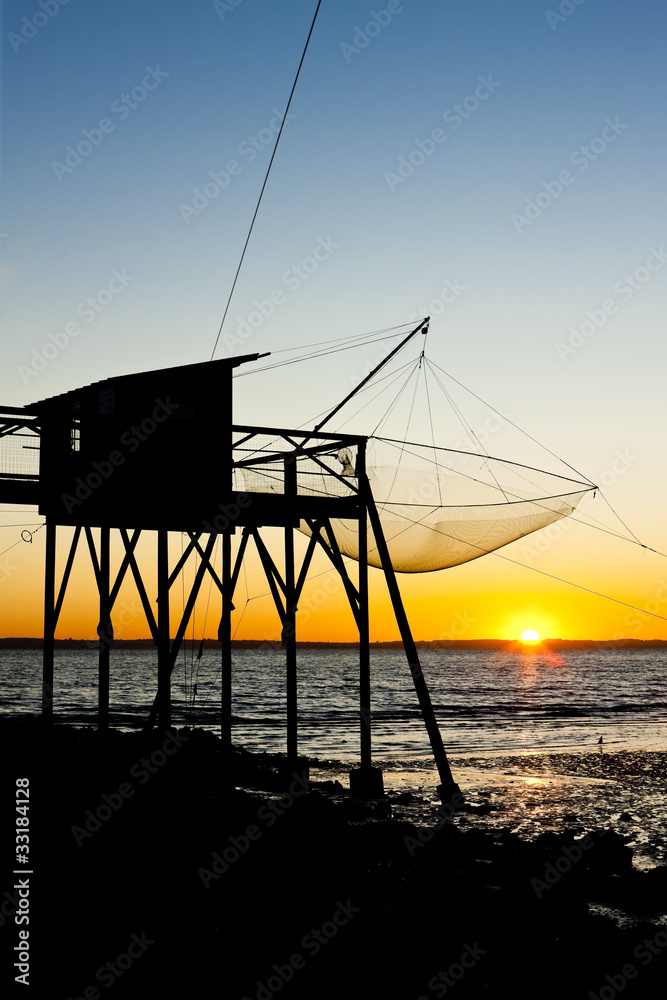 pier with fishing net during sunrise, Gironde Department, Aquita