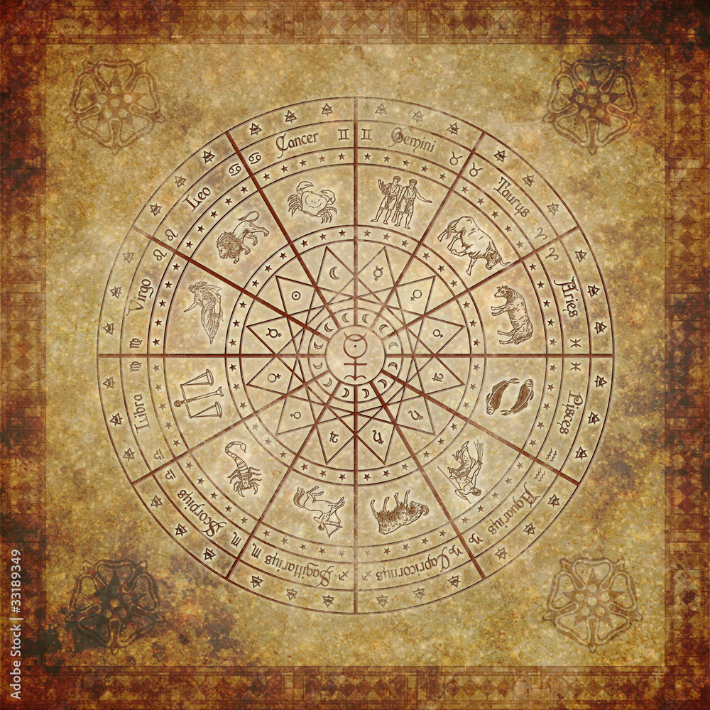 Zodiac circle on very old paper Stock Illustration | Adobe Stock