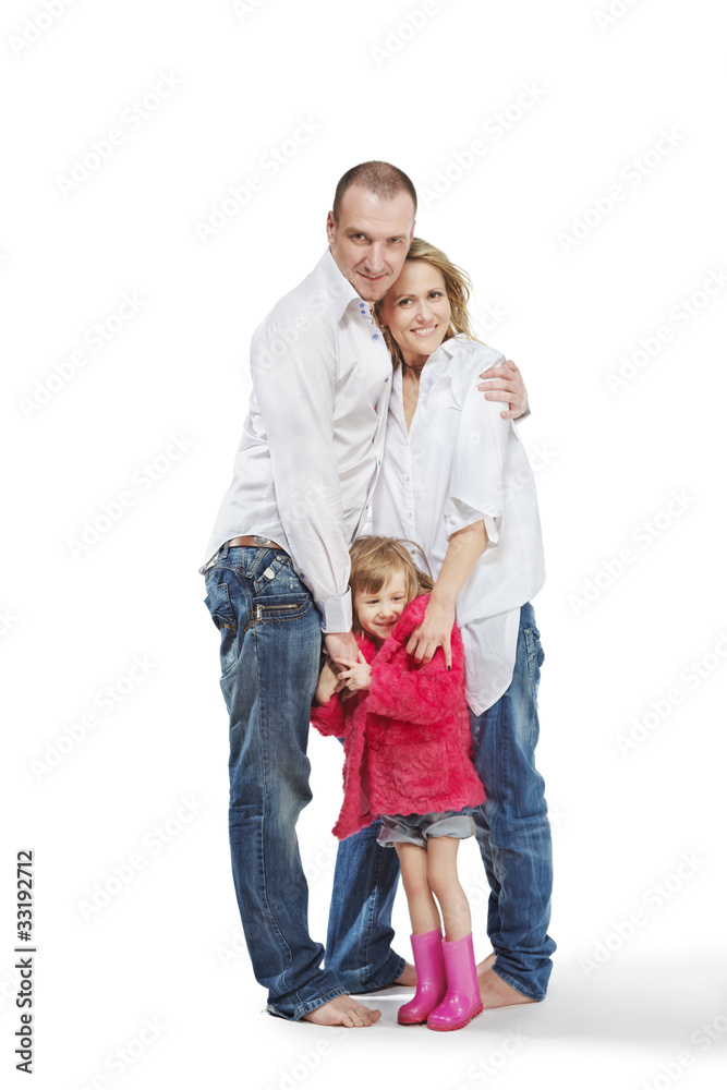 Father and mother in white shirts and girl in pink Father and mother in white shirts and girl in pink