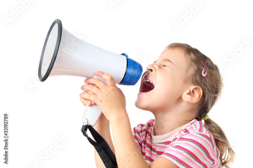 little girl in pink T-shirt screams in megaphone isolated