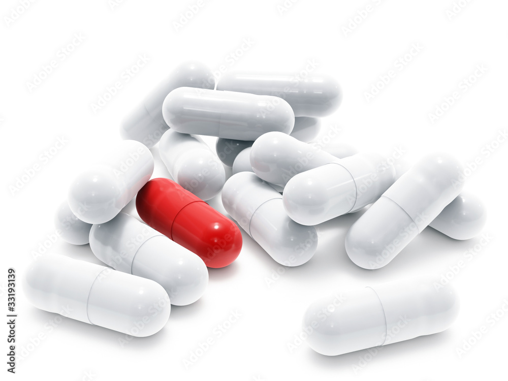 Many white and one red pills on white background, isolated Many white and one red pills on white background, isolated