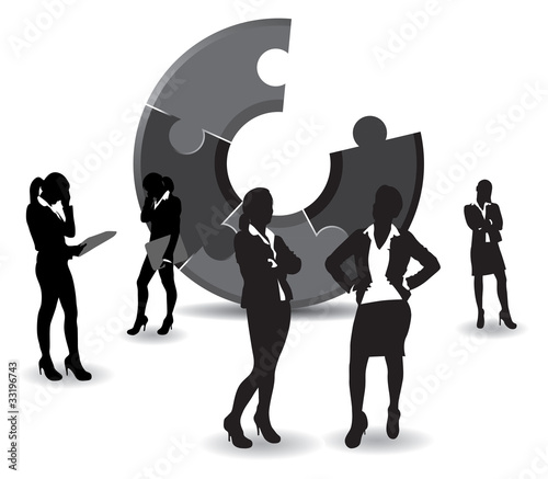 a set of business women on a jigsaw background