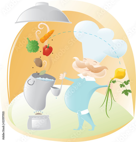 Sniling chef in the kitchen cooking delicious vegetable soup