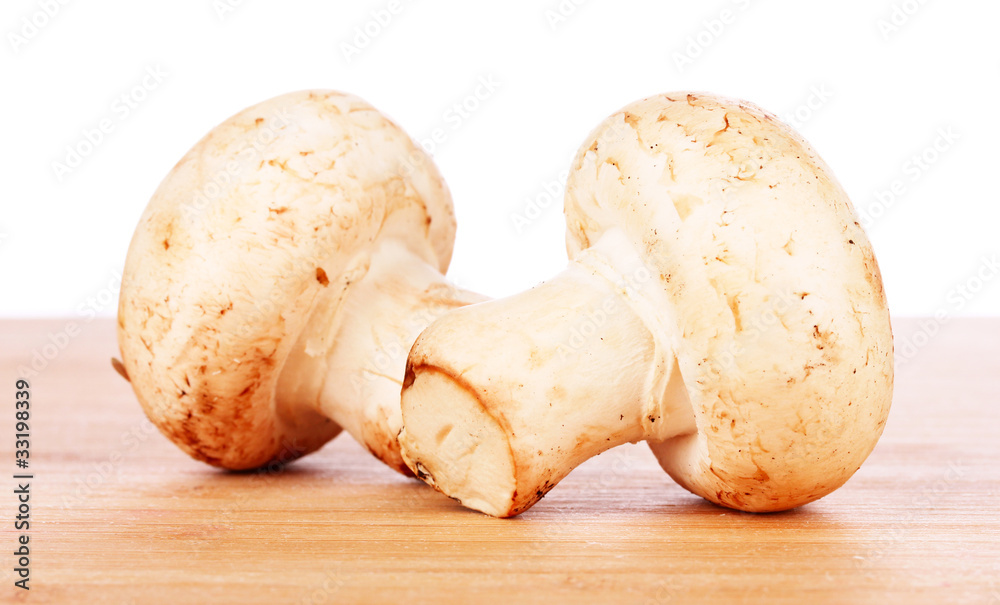 two mushrooms on wooden two mushrooms on wooden