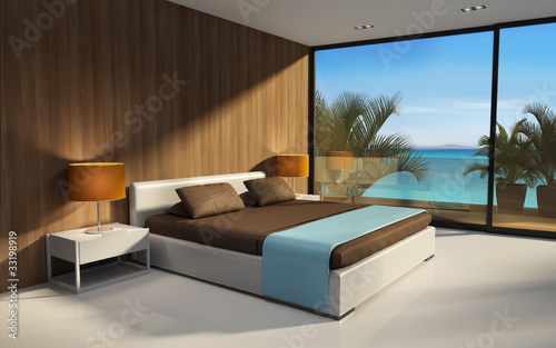 3d interior exotic modern hotel bedroom with sea view © Michael