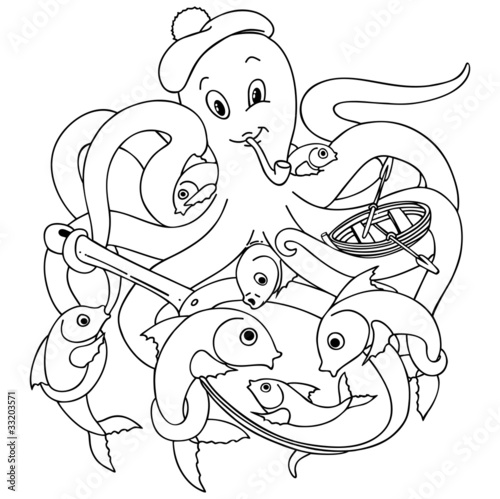 Polpo Piovra e Pesci Cartoon-Octopussy and Fishes-Vector