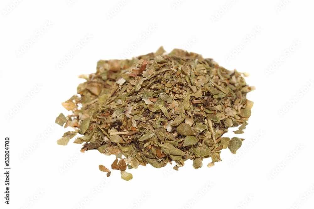 Pile of dried oregano leaves on white background Pile of dried oregano leaves on white background