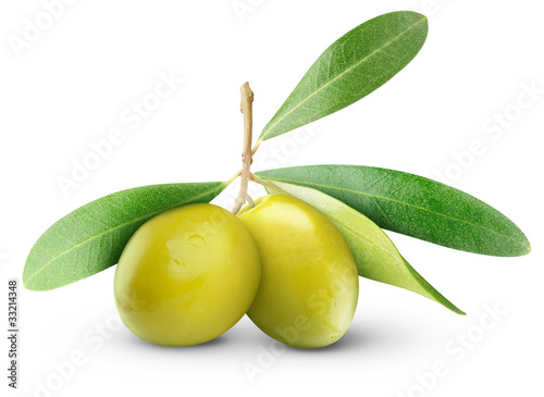 Isolated olives. Two green olive fruits with leaves isolated on white background