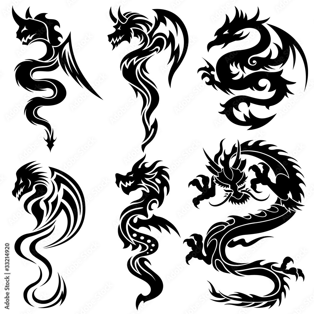 Set of the Chinese dragons, tribal tattoo Set of the Chinese dragons, tribal tattoo