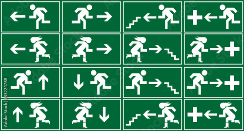 Green emergency exit sign, icon and symbol set