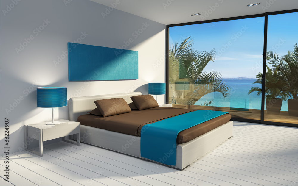 3d Blue minimal modern mediterranean room in greece