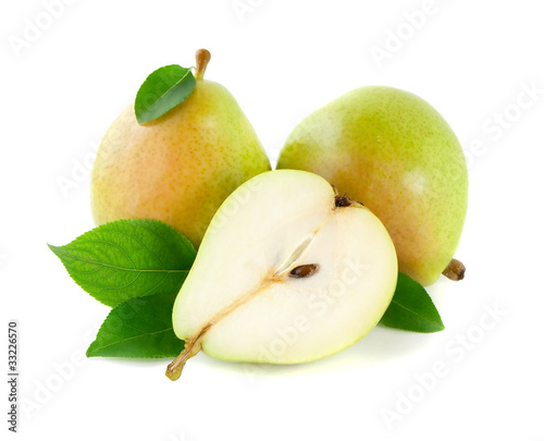Sliced pears with green leaf isolated on white background