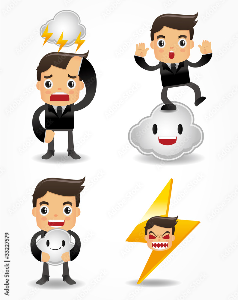 funny cartoon office worker with weather element icon set funny cartoon office worker with weather element icon set