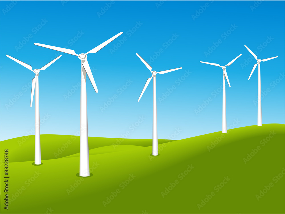 Green field with wind turbines Green field with wind turbines