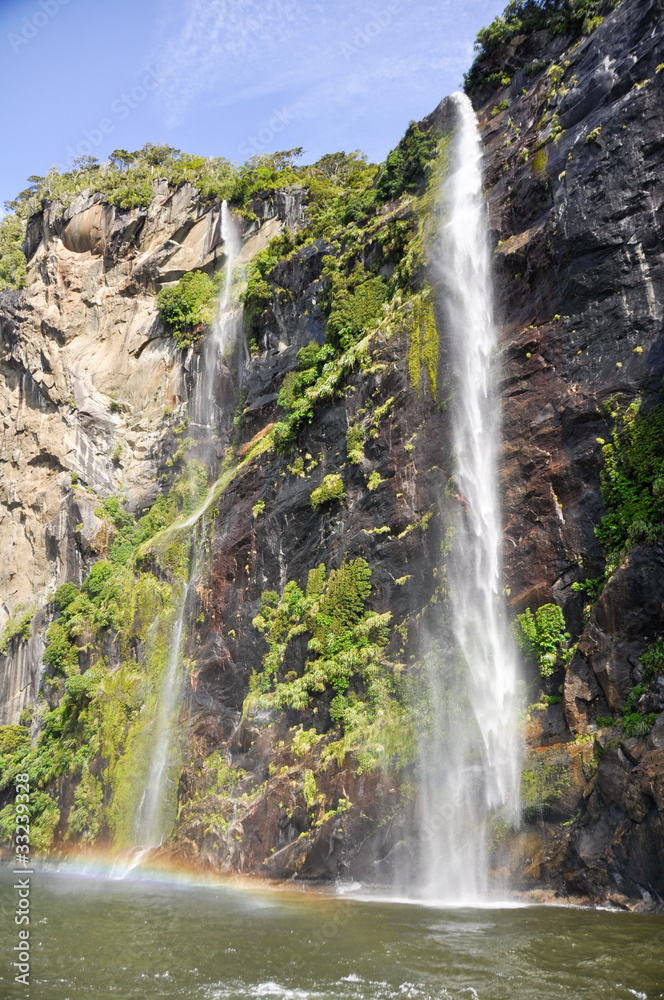 Obraz premium Milford Sound waterfall. New Zealand