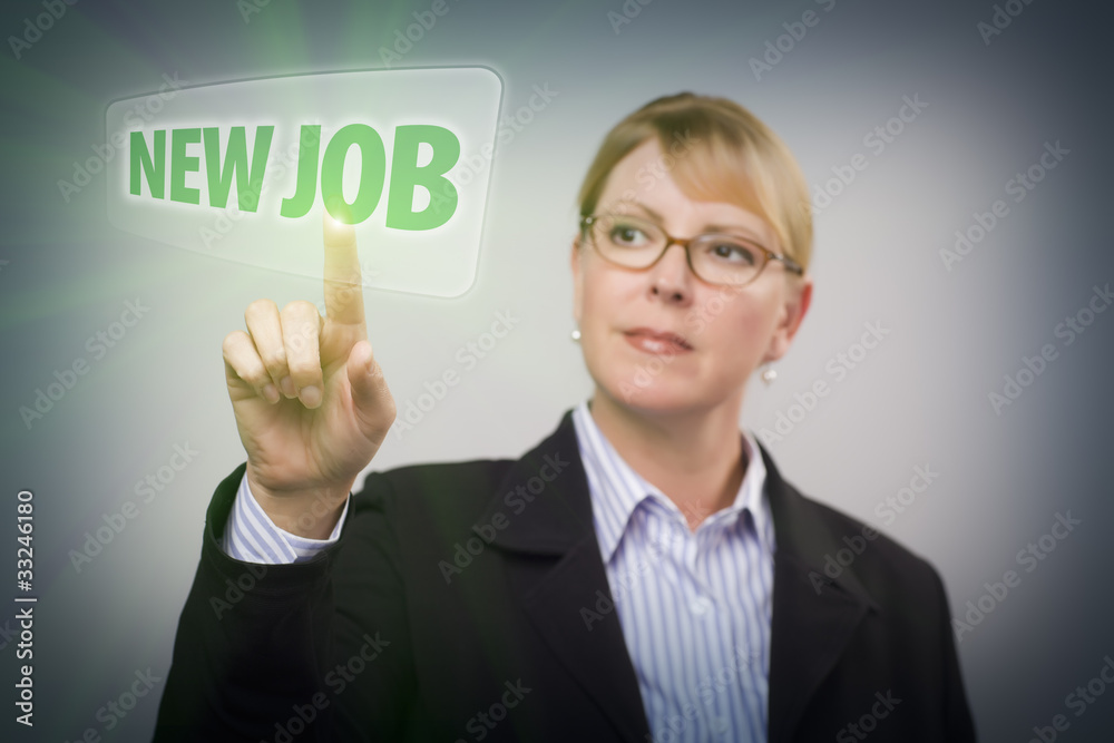 Woman Pushing New Job Button on Interactive Touch Screen Woman Pushing New Job Button on Interactive Touch Screen