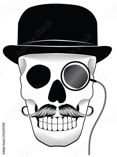 Illustration of a skull with hat mustache and monocle