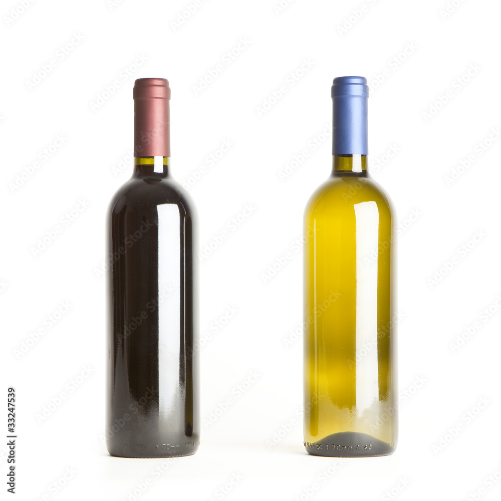 Red and white wine bottles on white background Red and white wine bottles on white background