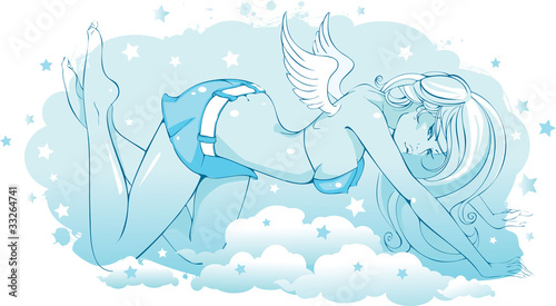Girl with wings standing on his knees in the clouds.