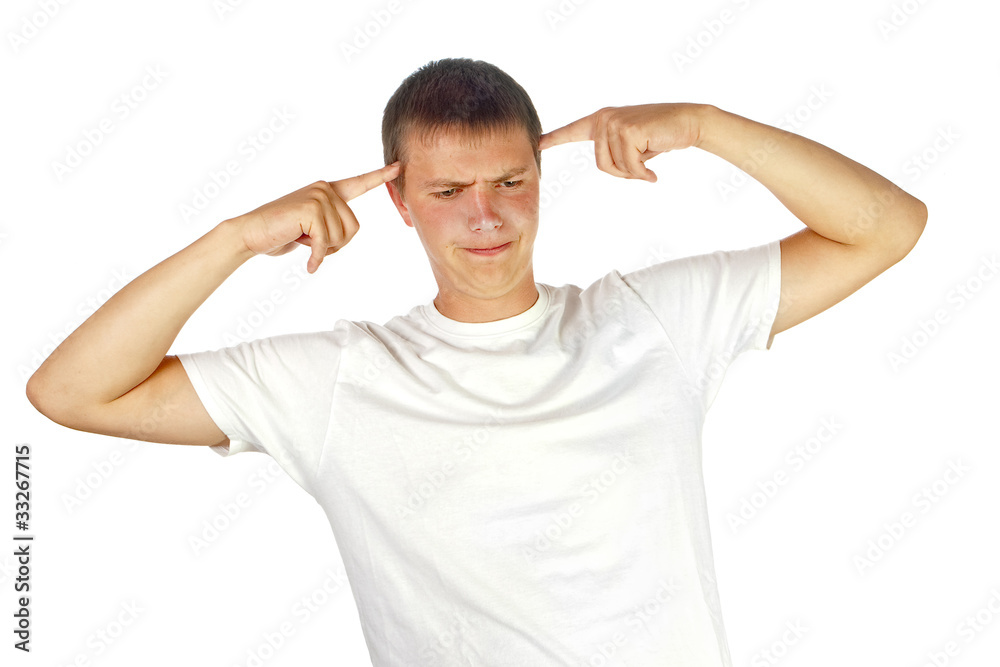young man with fingers on head young man with fingers on head