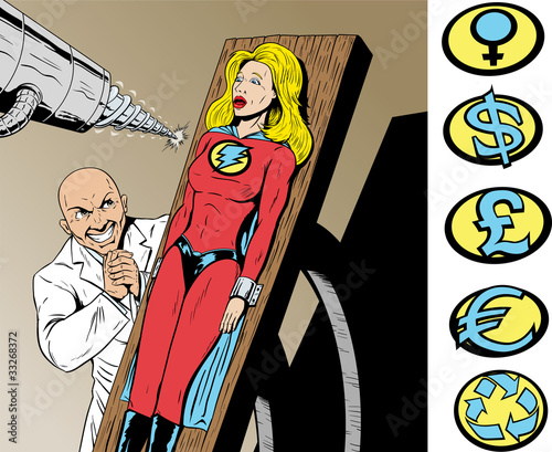 Superhero captured by evil scientist and in danger.