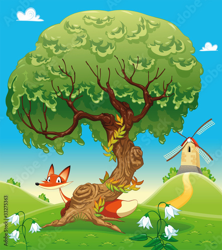 Fox behind the tree. Vector illustration, isolated objects.