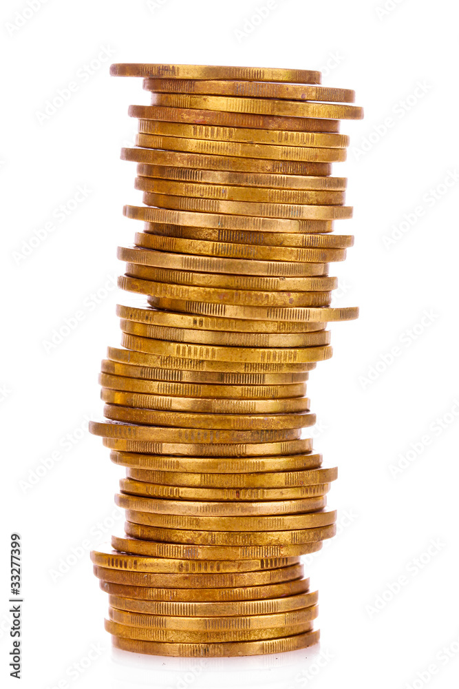 Many coins in column isolated on white Many coins in column isolated on white