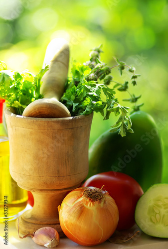 Utensils and ingredients of mediterranic cuisine. photo