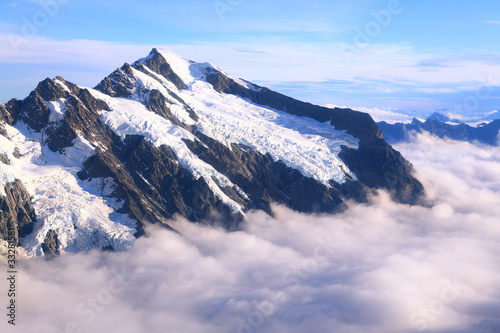 Mountain Cook Peak with mist landscape from Helicopter, New Zeal