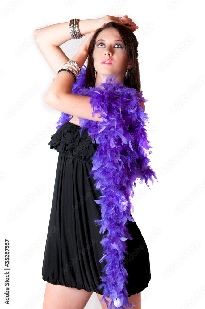 Beautiful brunette woman dressed in gold dress and purple scarf Beautiful brunette woman dressed in gold dress and purple scarf