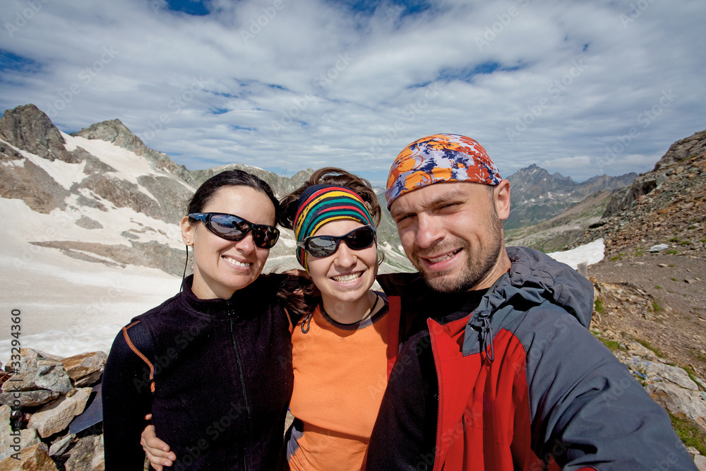 Hikers in Caucasus mountains