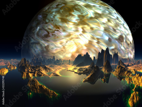 Fototapeta Naklejka Na Ścianę i Meble -  Distant View of Alien Ocean Reef with Gas Giant