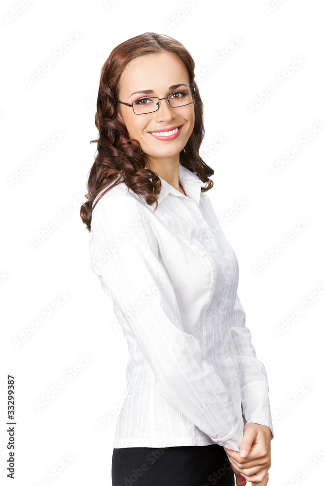 Portrait of happy smiling business woman in glasses, isolated Portrait of happy smiling business woman in glasses, isolated