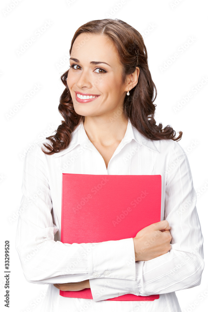 Portrait of young businesswoman with red folder, isolated Portrait of young businesswoman with red folder, isolated