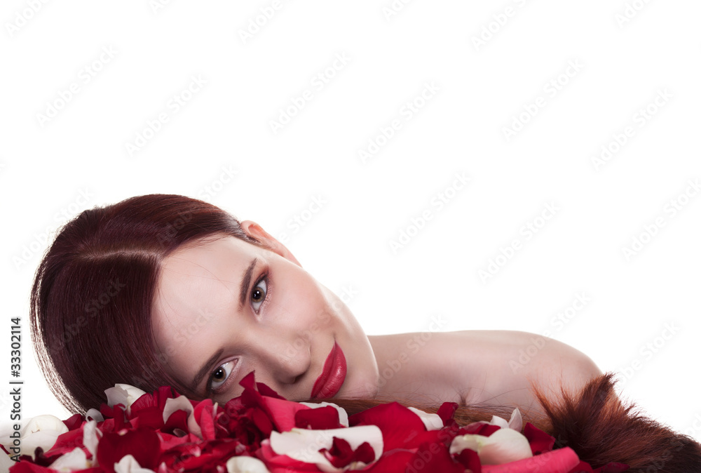 Beautiful woman and roses petals on white background Beautiful woman and roses petals on white background