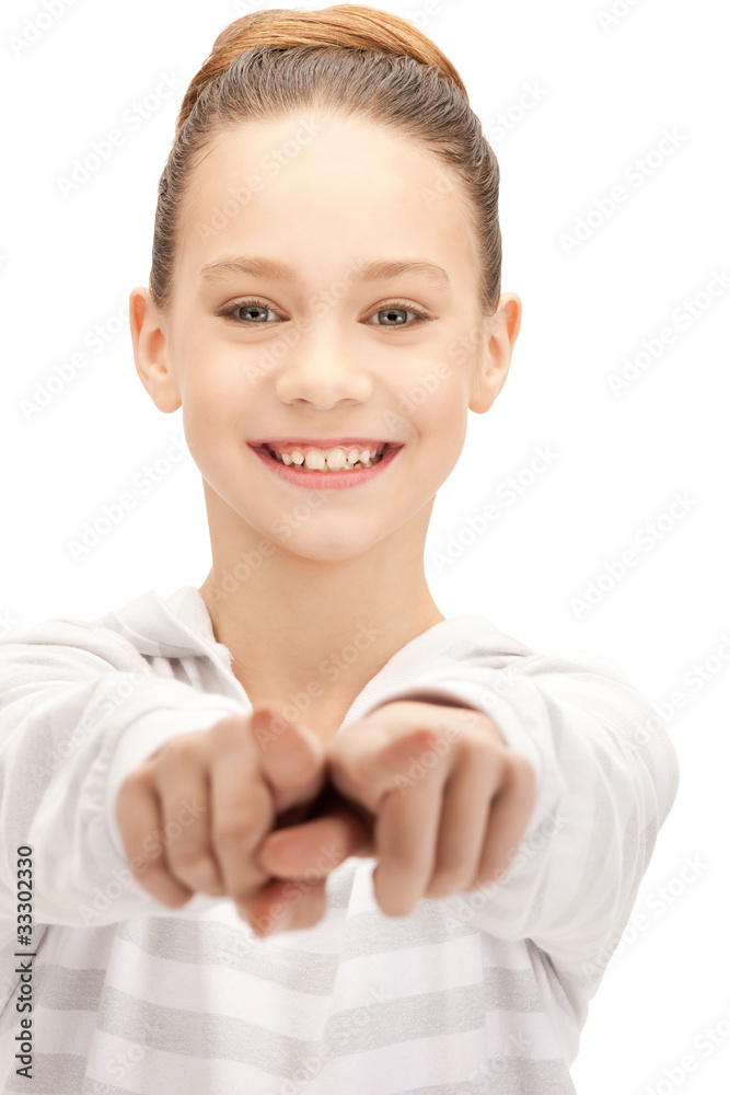 teenage girl pointing her finger