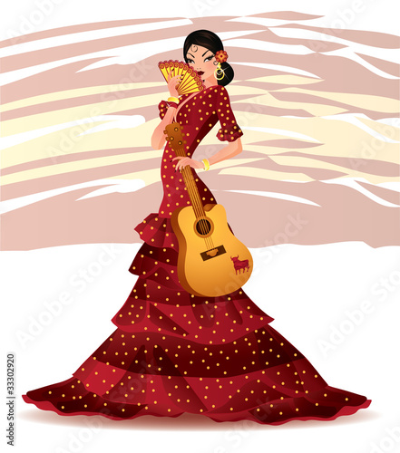 Beautiful Spanish girl with guitar, vector illustration