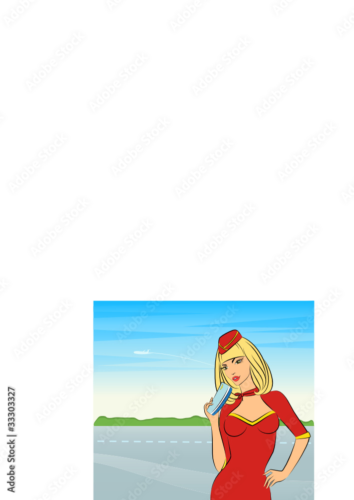 Beautiful stewardess with air ticket. Vector illustration