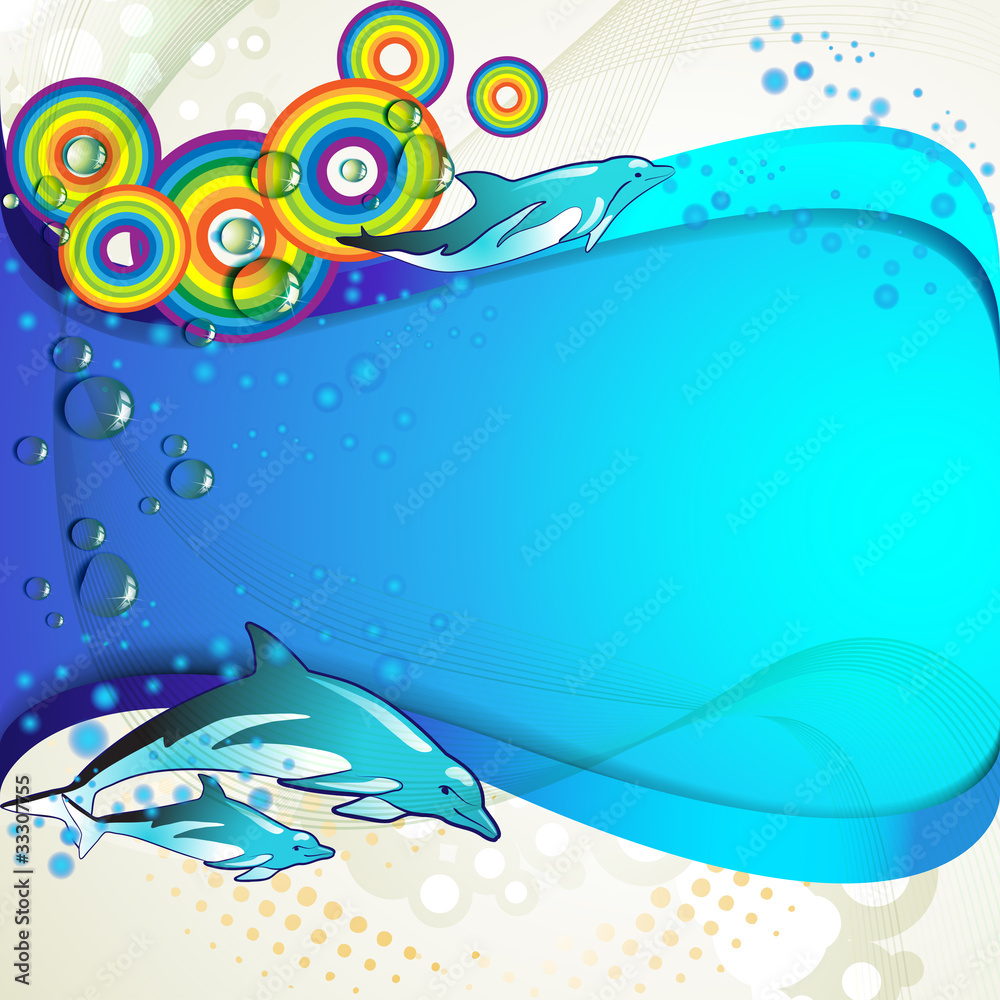 Colored circles with dolphins and drops of water